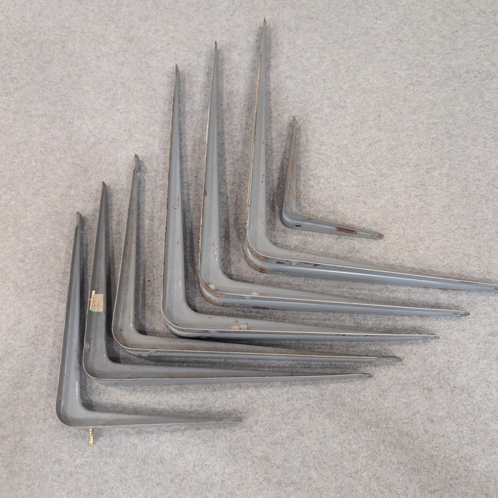 Vtg Industrial Gray Metal L-Brackets Wall Shelf Supports Set of 7 Mixed Sizes